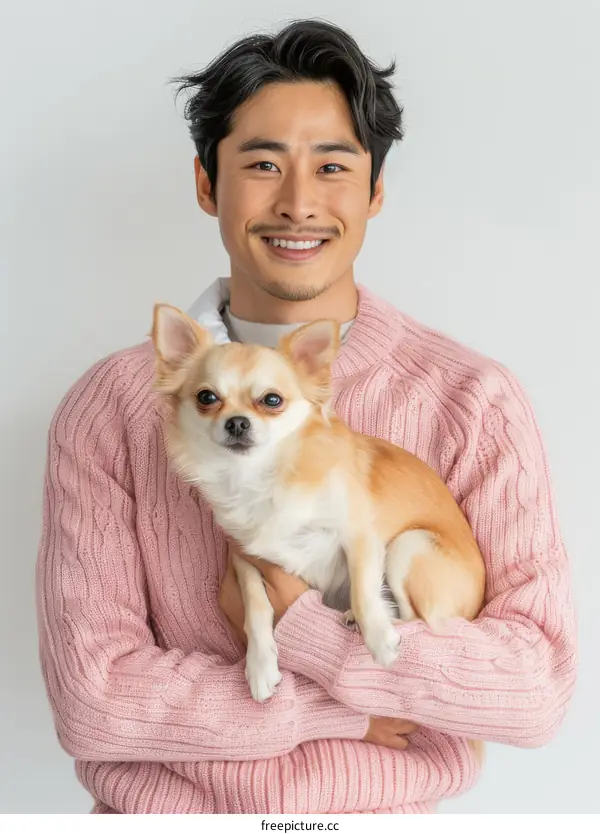 Asian man smiling holding small dog