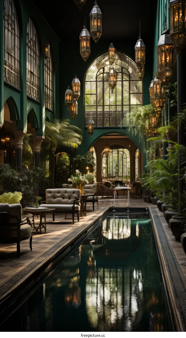 Indoor swimming pool with green walls and plants