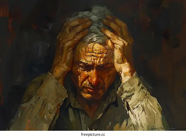 Portrait of an old man with hands on his head