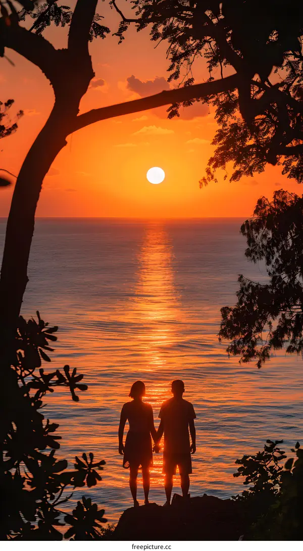 Silhouette of Couple Holding Hands at Sunset Over Ocean