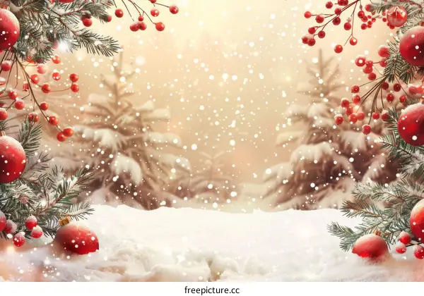 Christmas and New Year Background with Fir Branches and Red Berries