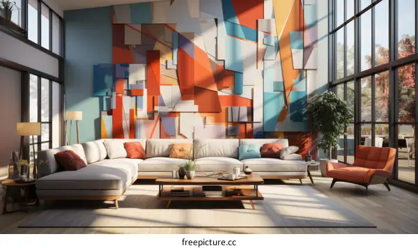 Modern living room interior with colorful abstract wall mural