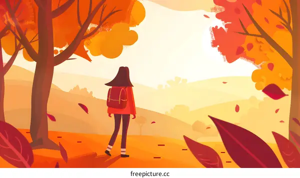 Autumn Girl Walking Through Nature Landscape