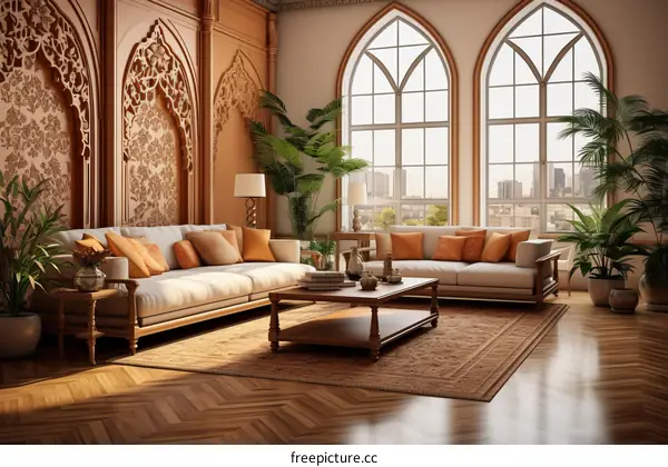 Luxurious living room interior with large windows and plants
