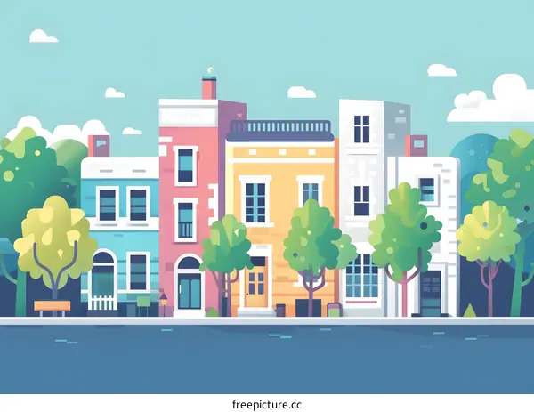 Colorful Illustration of Houses on a Sunny Day