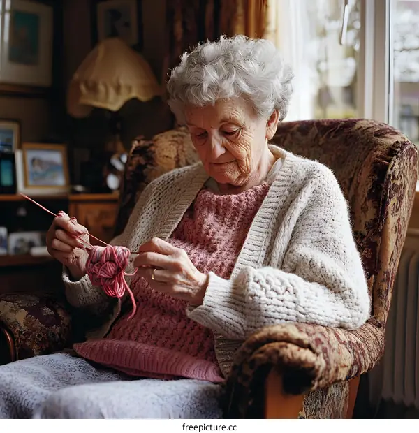 Elderly Woman Knitting in a Chair