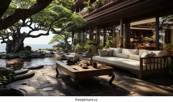 Oriental courtyard with a view of the sea