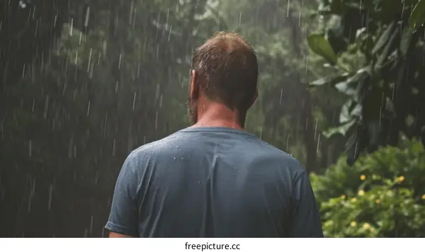 Man standing in the rain with his back turned to the camera
