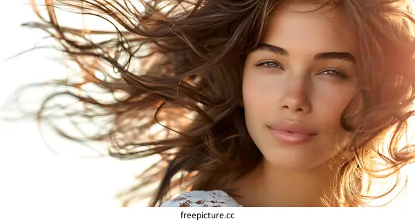 portrait of a beautiful young woman with long brown hair blowing in the wind