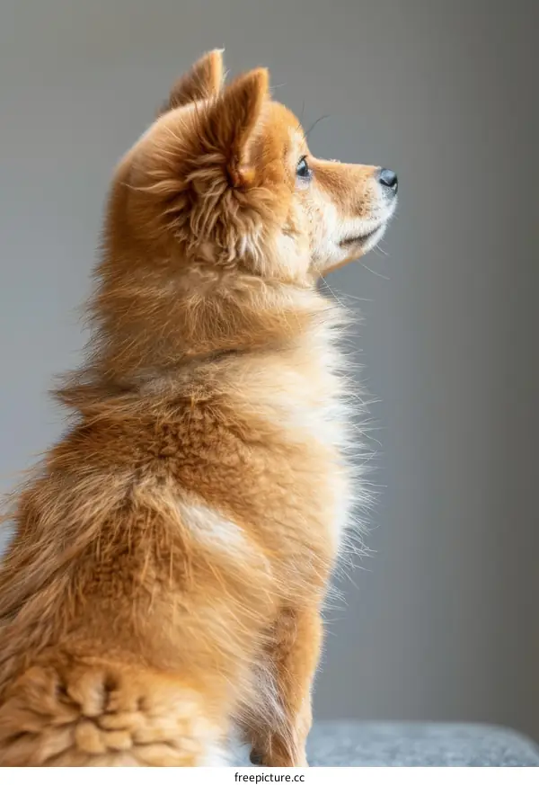 A fluffy brown dog looking away from the camera