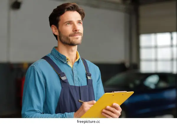 Caucasian Male Mechanic Taking Notes in Garage