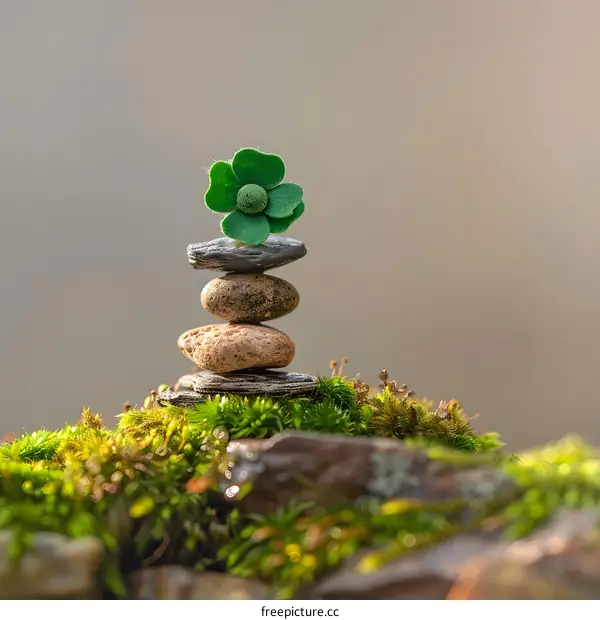 Green Flower on Stacked Stones in Mossy Environment