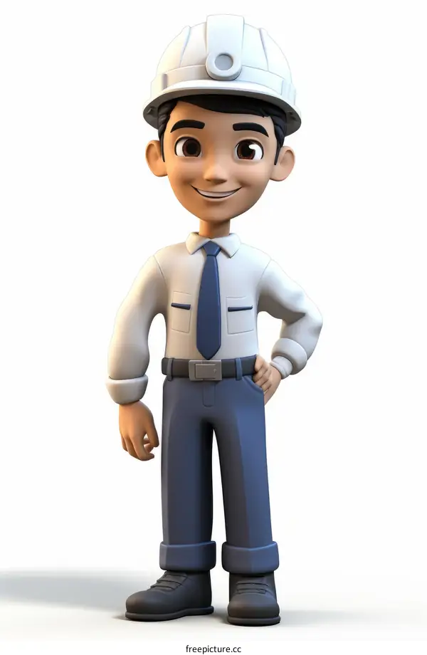 3D illustration of a young male engineer wearing a hard hat and a tie