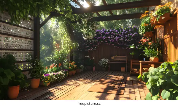 Sunny Backyard Patio With Flowers And Plants