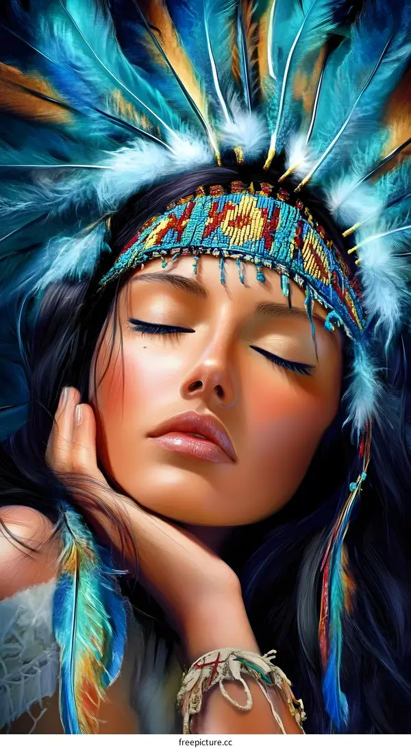 Native American Woman in Headdress with Eyes Closed