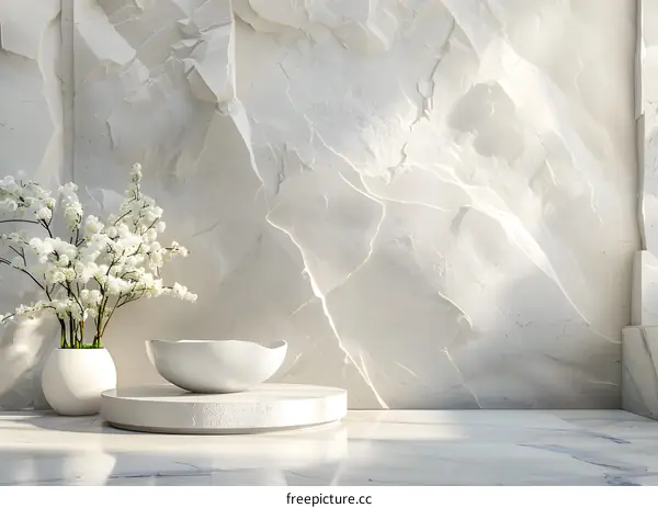 White Flowers and Vases on Marble Background