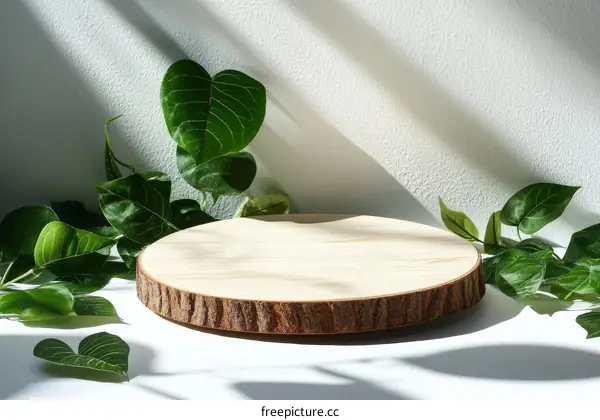 Natural Wooden Display Stand with Green Leaves