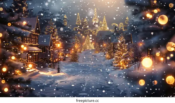 Christmas Lights Illuminate Snowy Street