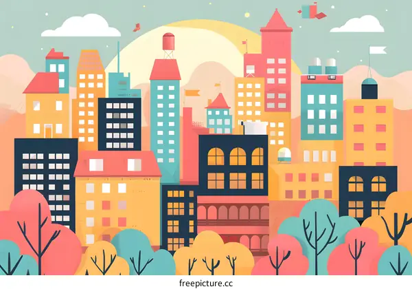 Colorful Cityscape Illustration with Buildings and Trees