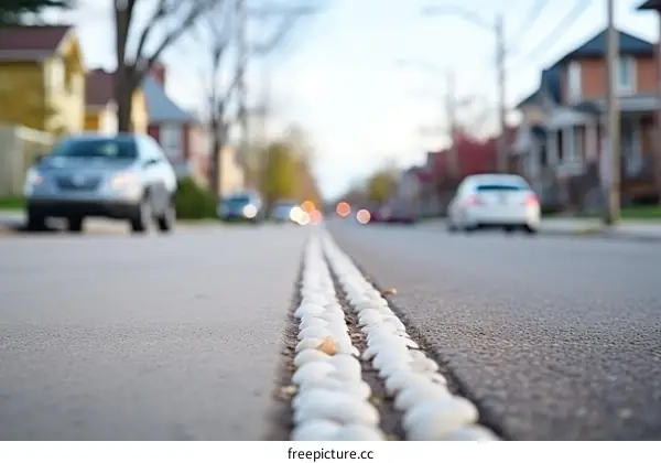 White Pebbles Demarcating the Center of a Suburban Street