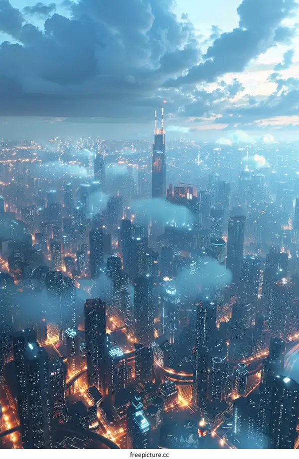 Futuristic Cityscape with Skyscrapers and Clouds