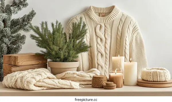 Cozy Winter Decor with Knitted Sweater and Candles