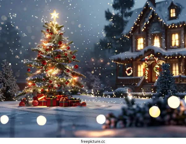 Snowy Christmas Tree with House in the Background