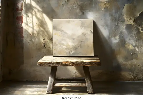 Abstract Painting on Wooden Stool Against Textured Wall