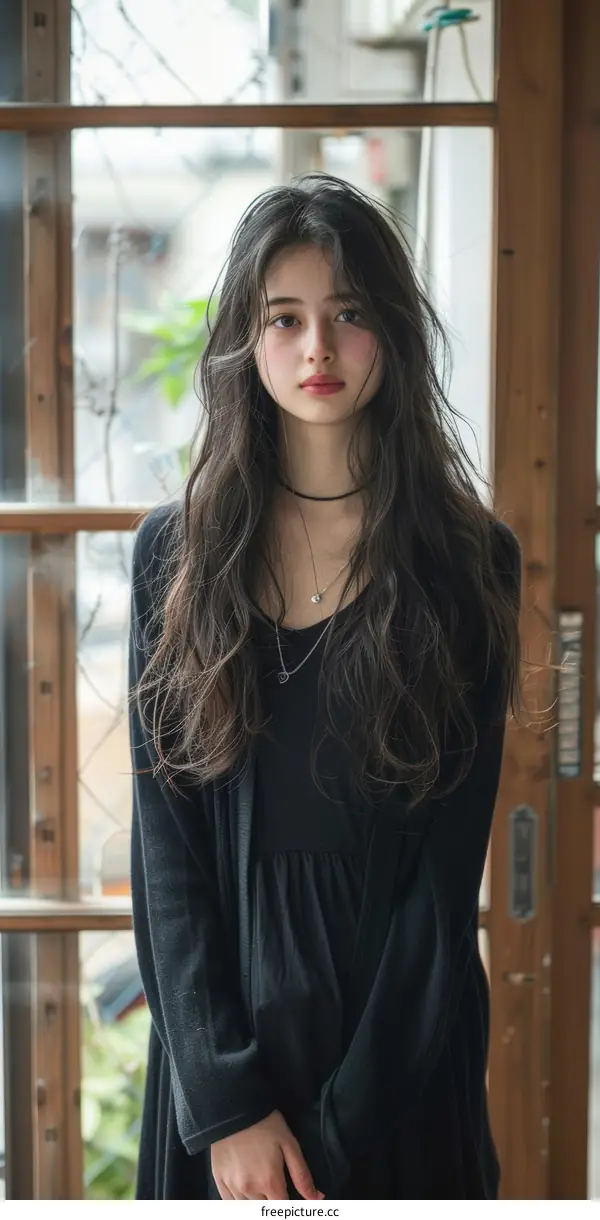 A beautiful young woman with long dark hair standing in front of a window.