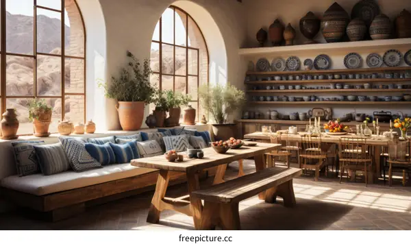 Rustic Mediterranean Kitchen with Large Windows and Indoor Plants