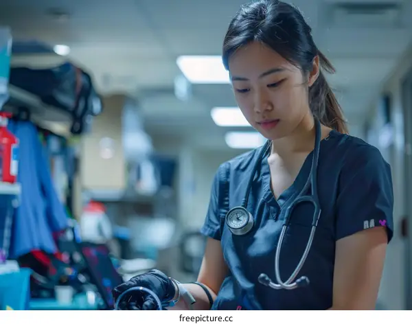 Asian female nurse wearing stethoscope in hospital