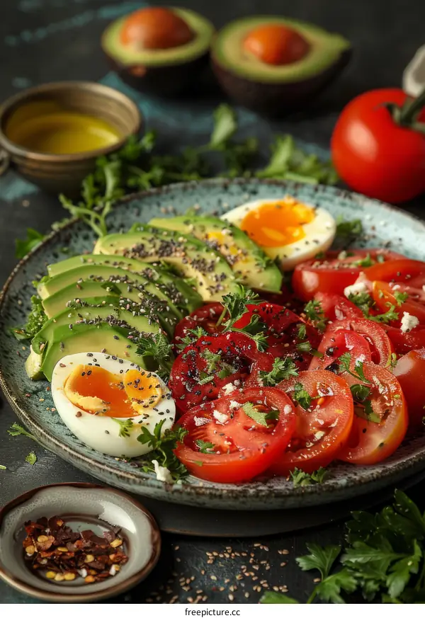 Healthy avocado and tomato salad with boiled egg and spices