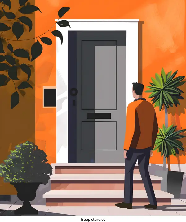 Man in Orange Jacket Walking Towards House Door