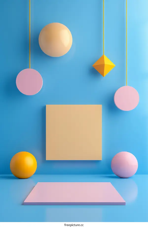 3D rendering of a blue room with pastel colored hanging shapes
