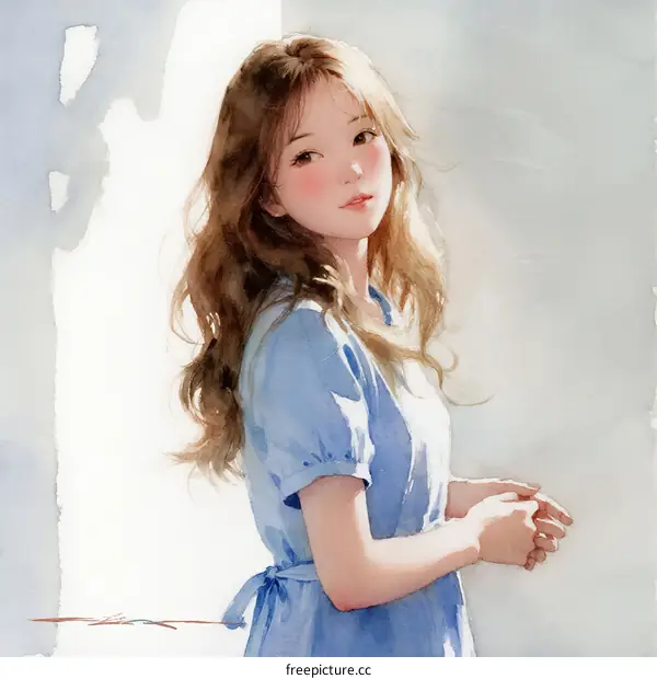 A Young Woman with Curly Hair Wearing a Blue Dress Standing Indoors