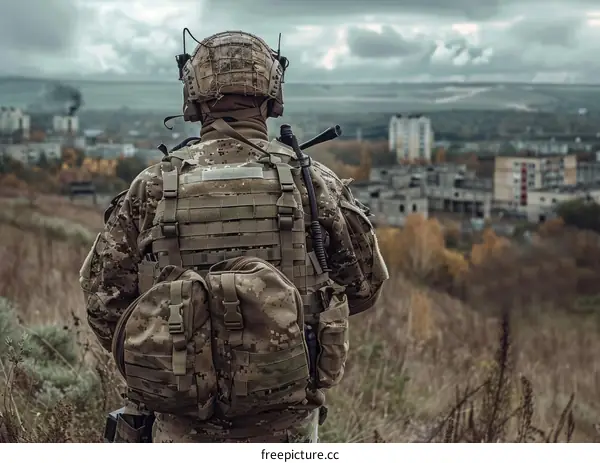 Soldier in the ruins of the city