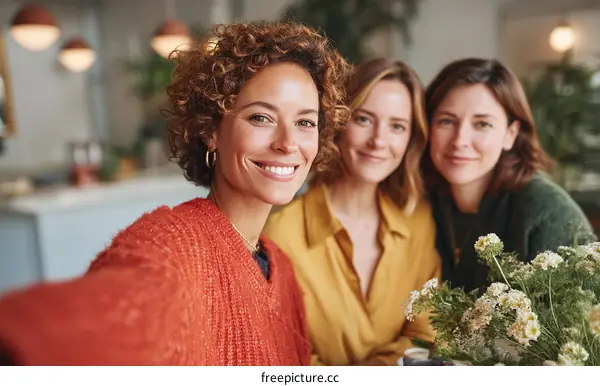 Three Women Taking Selfie Together in a Bright Café Setting