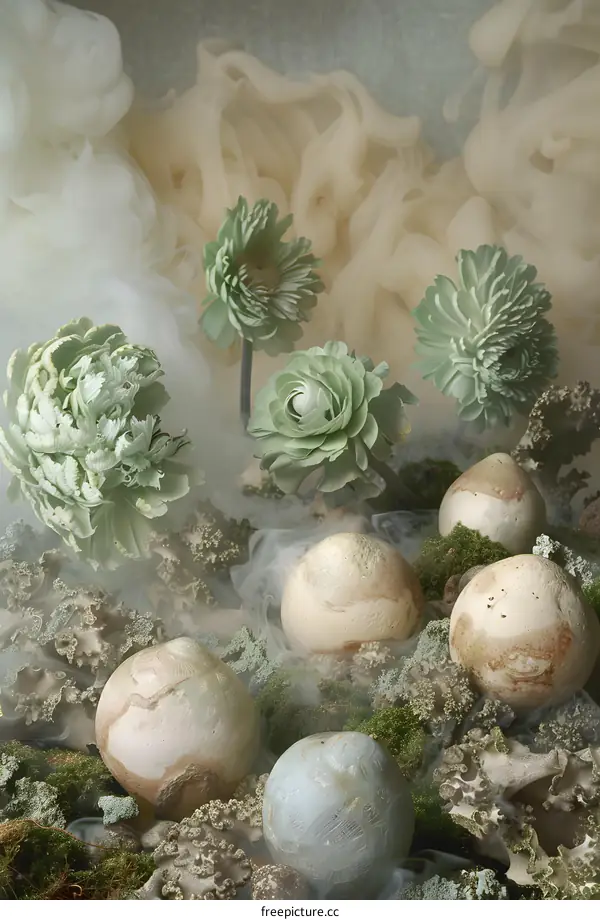 Pastel Green Flower Eggs in Fog