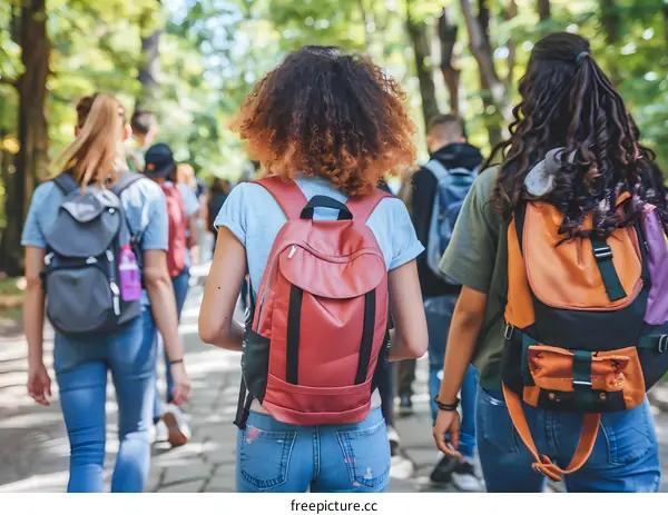 Group of Young People Walking Through Forest With Backpacks