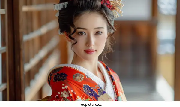 Beautiful Asian Woman in Traditional Japanese Kimono