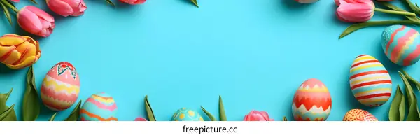 Colorful Easter Eggs and Tulips on a Light Blue Background