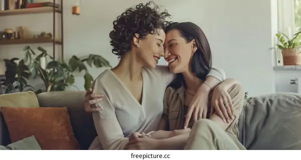 lesbian couple sitting on couch and embracing