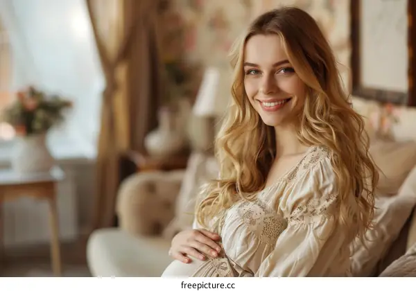 Smiling Pregnant Woman in a Cozy Interior