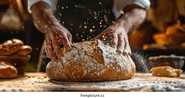 Baker carefully sprinkling flour on a loaf of bread