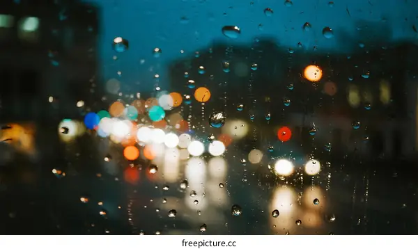 Raindrops on Glass with Blurred City Lights at Night