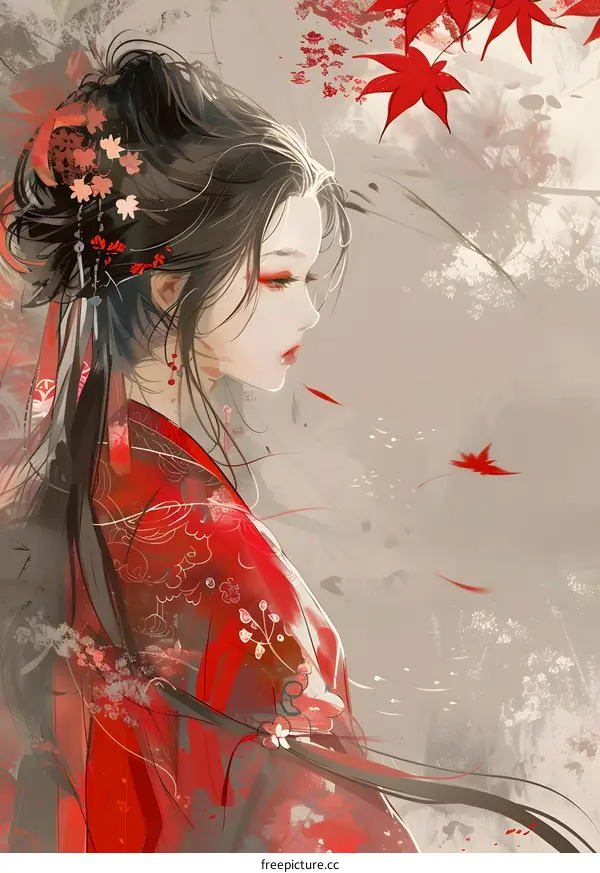 Digital Painting of a Woman in a Red Kimono