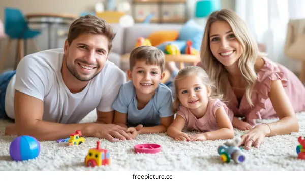 Happy family of four lying on the floor and smiling at the camera