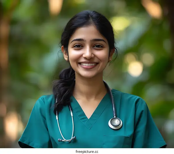 Smiling Female Doctor in Teal Scrubs Outdoors