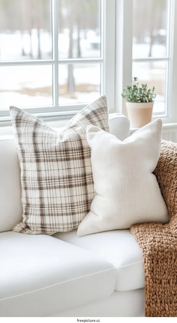 Cozy Living Room with Plaid and Neutral Pillows
