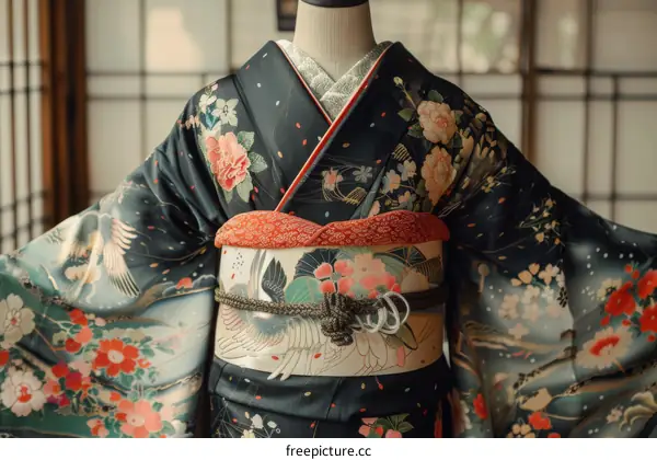 A kimono with a floral pattern and a red and white obi.